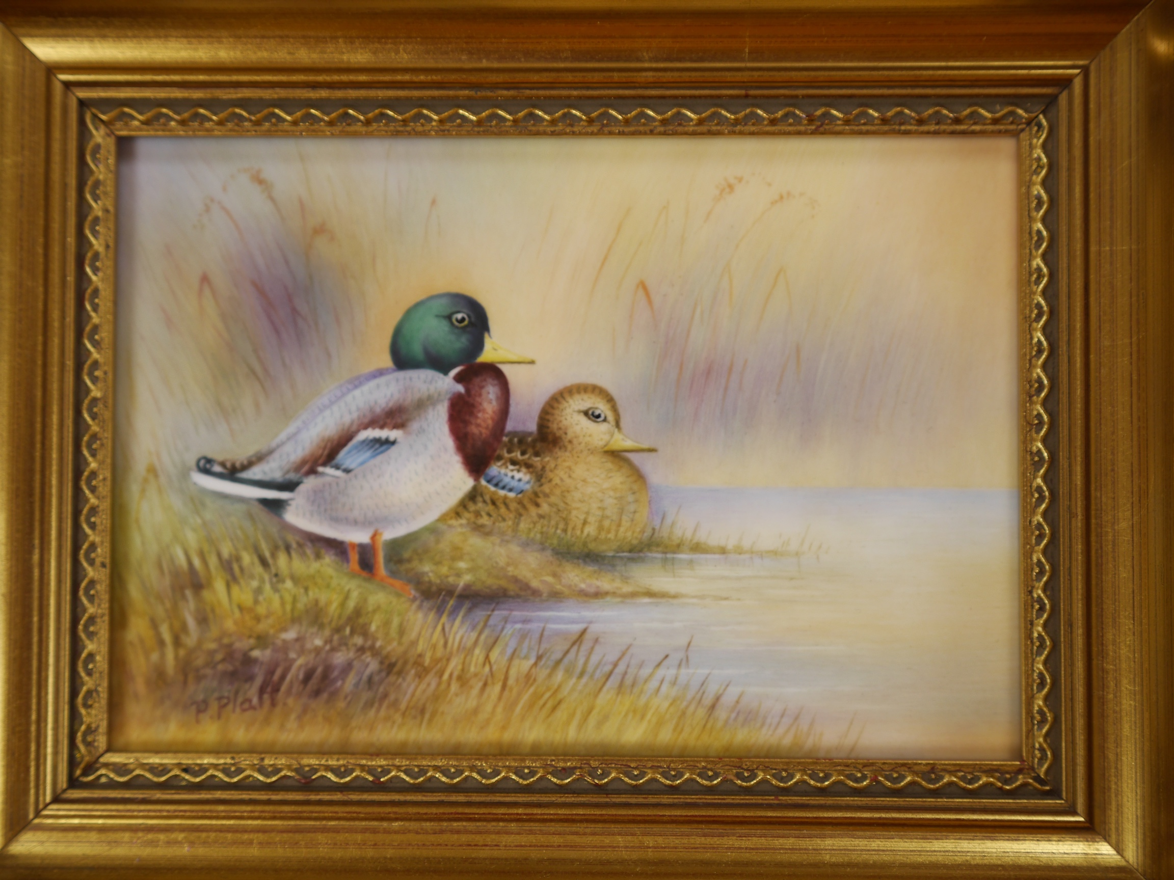 A Royal Worcester framed porcelain plaque, decorated with ducks, signed P. Platt (Peter Platt), 12 x 17cm. Condition - good